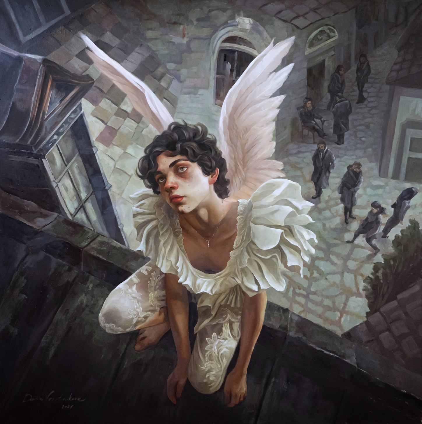 Городской ангел II — картина Дарьи Куриловой, холст масло 120×120 см, 2024 год, серия Ангелы